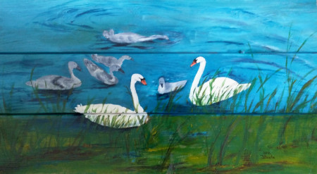 Zwanen op hout, Acryl,Verkocht